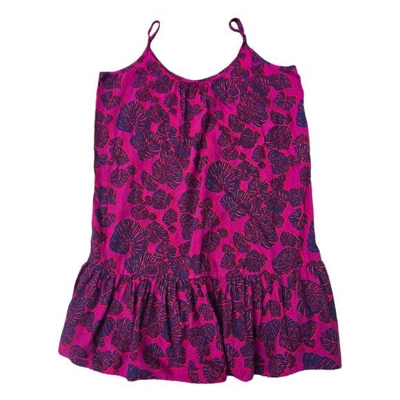 Loft Linen Blend Dress Fuchsia Leaf Print Ruffle Hem Medium - Picture 4 of 9